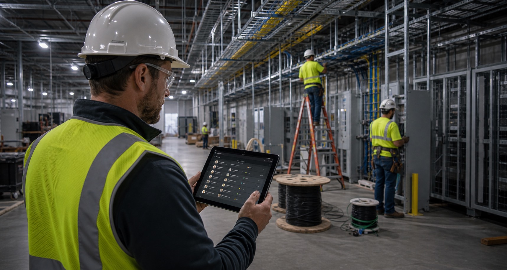 A construction project manager reviews worker matches on a tablet at a data center jobsite.